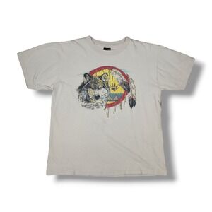 Diamond Dust Aztec Wolf Glitter Single Stitch Vintage 1995 Tan T-Shirt Size L